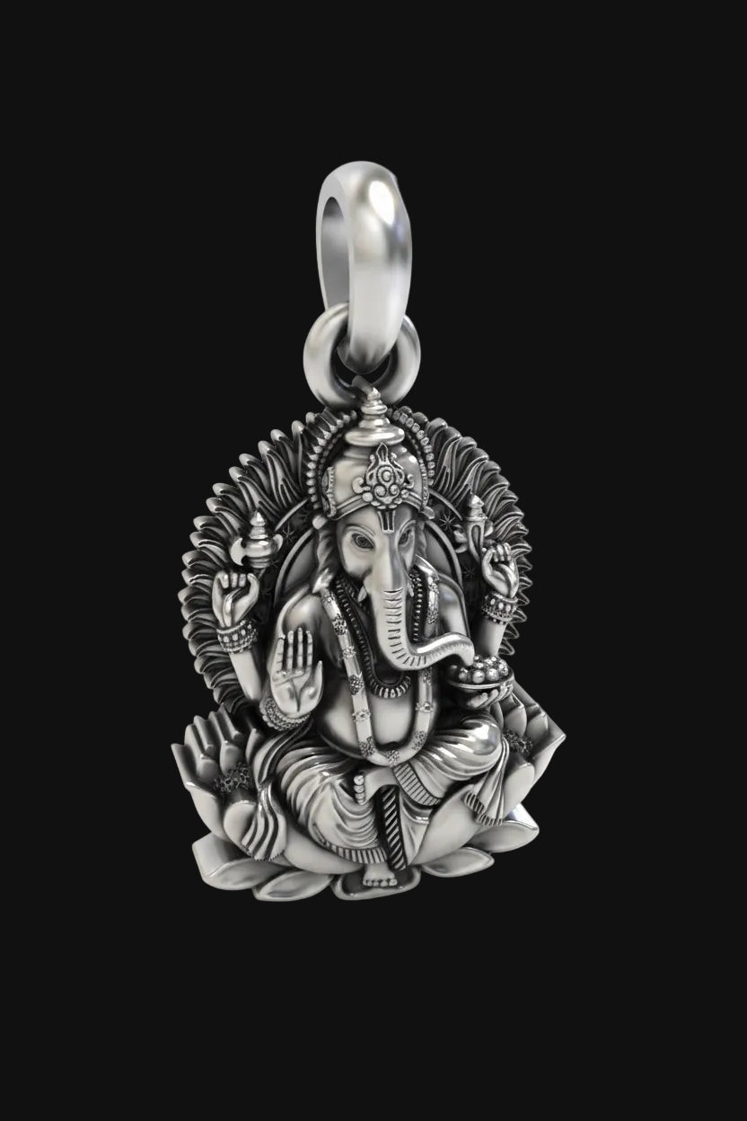 Silver Lord Ganesha On Lotus Pendant