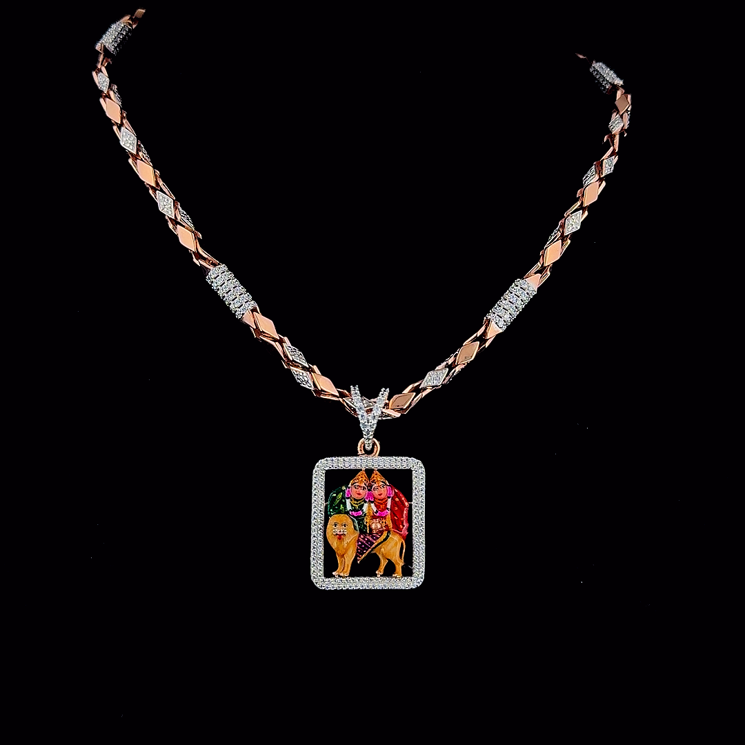 92.5 Silver Rose Gold Chamunda maa  Diamond Pendant With chain