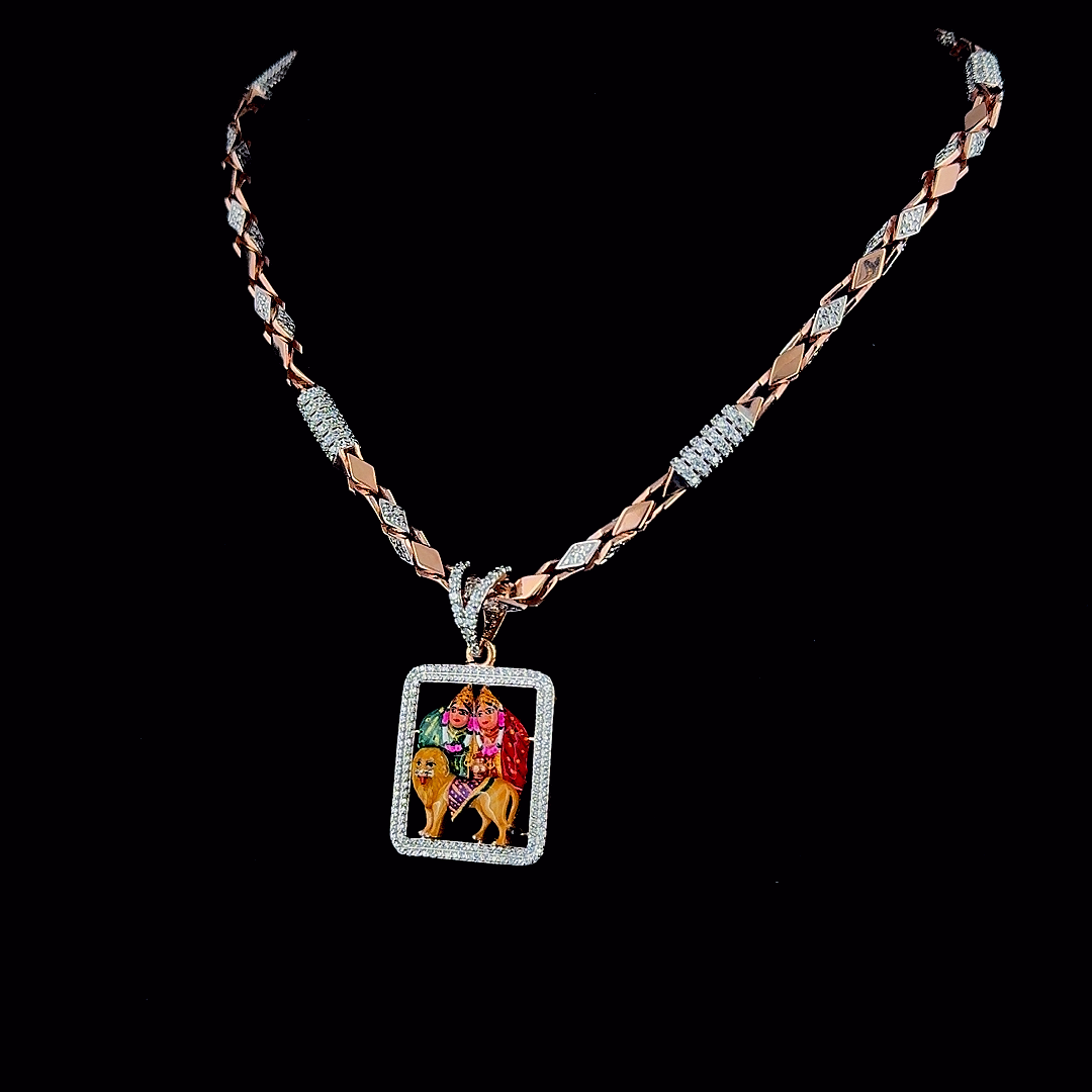 92.5 Silver Rose Gold Chamunda maa  Diamond Pendant With chain