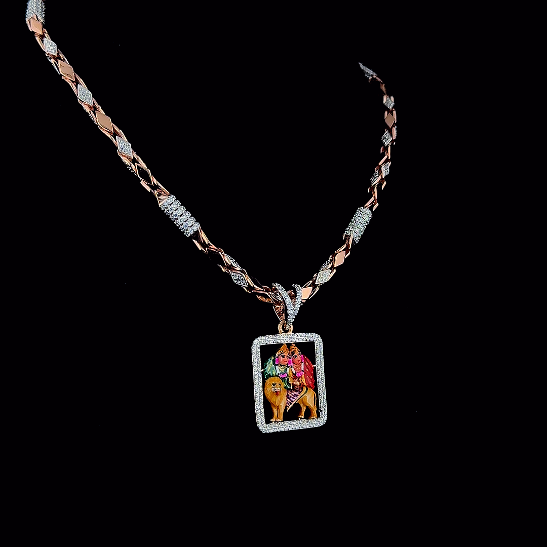 92.5 Silver Rose Gold Chamunda maa  Diamond Pendant With chain
