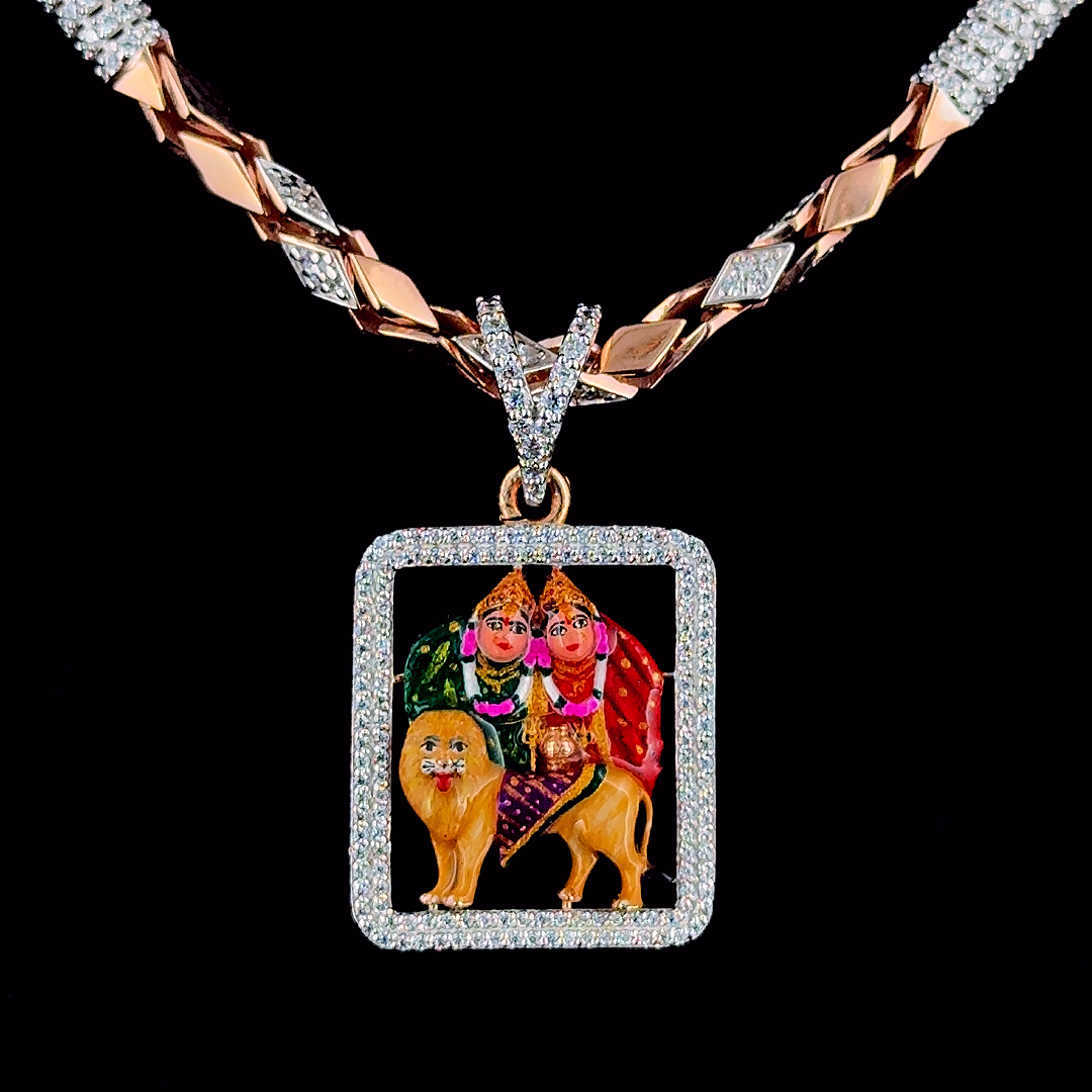 92.5 Silver Rose Gold Chamunda maa  Diamond Pendant With chain
