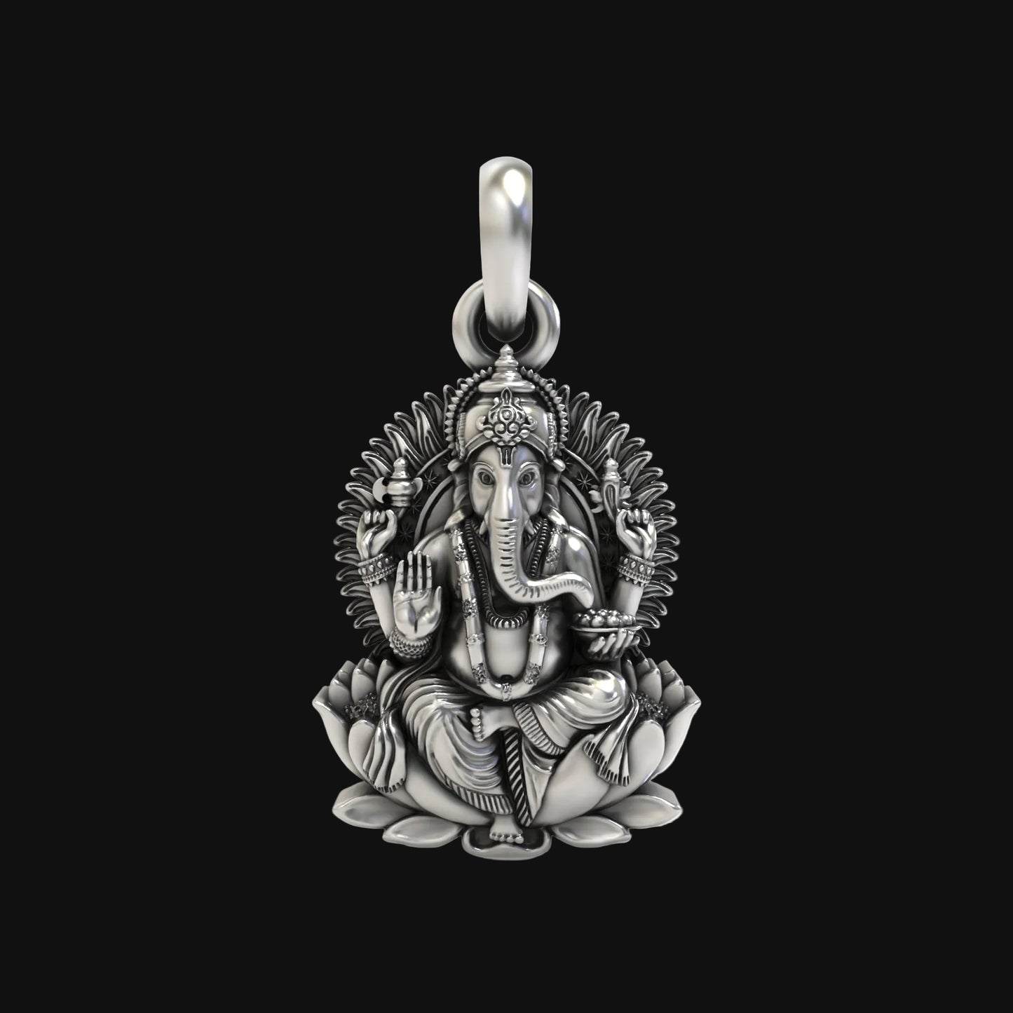 Silver Lord Ganesha On Lotus Pendant
