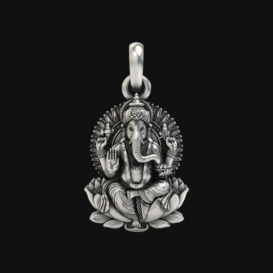 Silver Lord Ganesha On Lotus Pendant