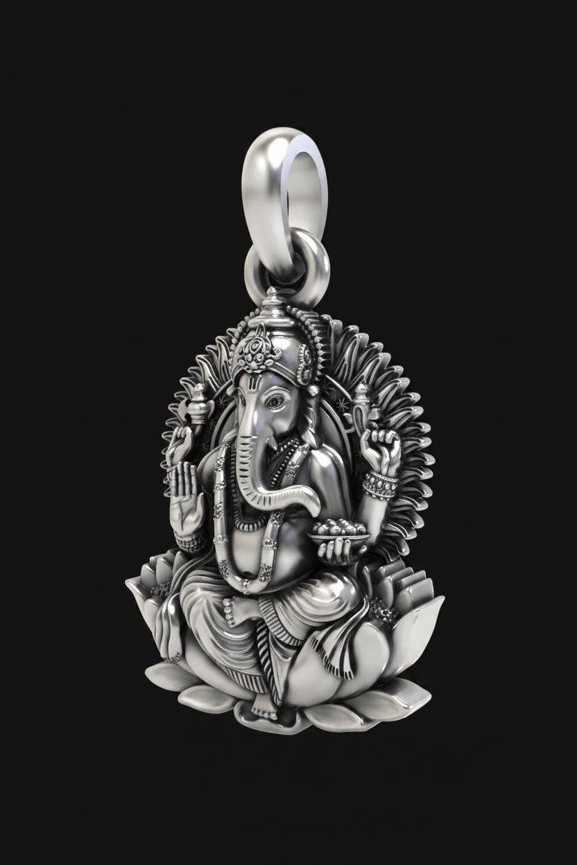 Silver Lord Ganesha On Lotus Pendant