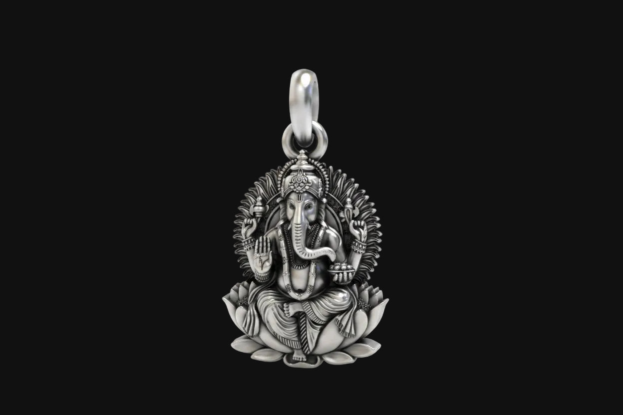 Silver Lord Ganesha On Lotus Pendant