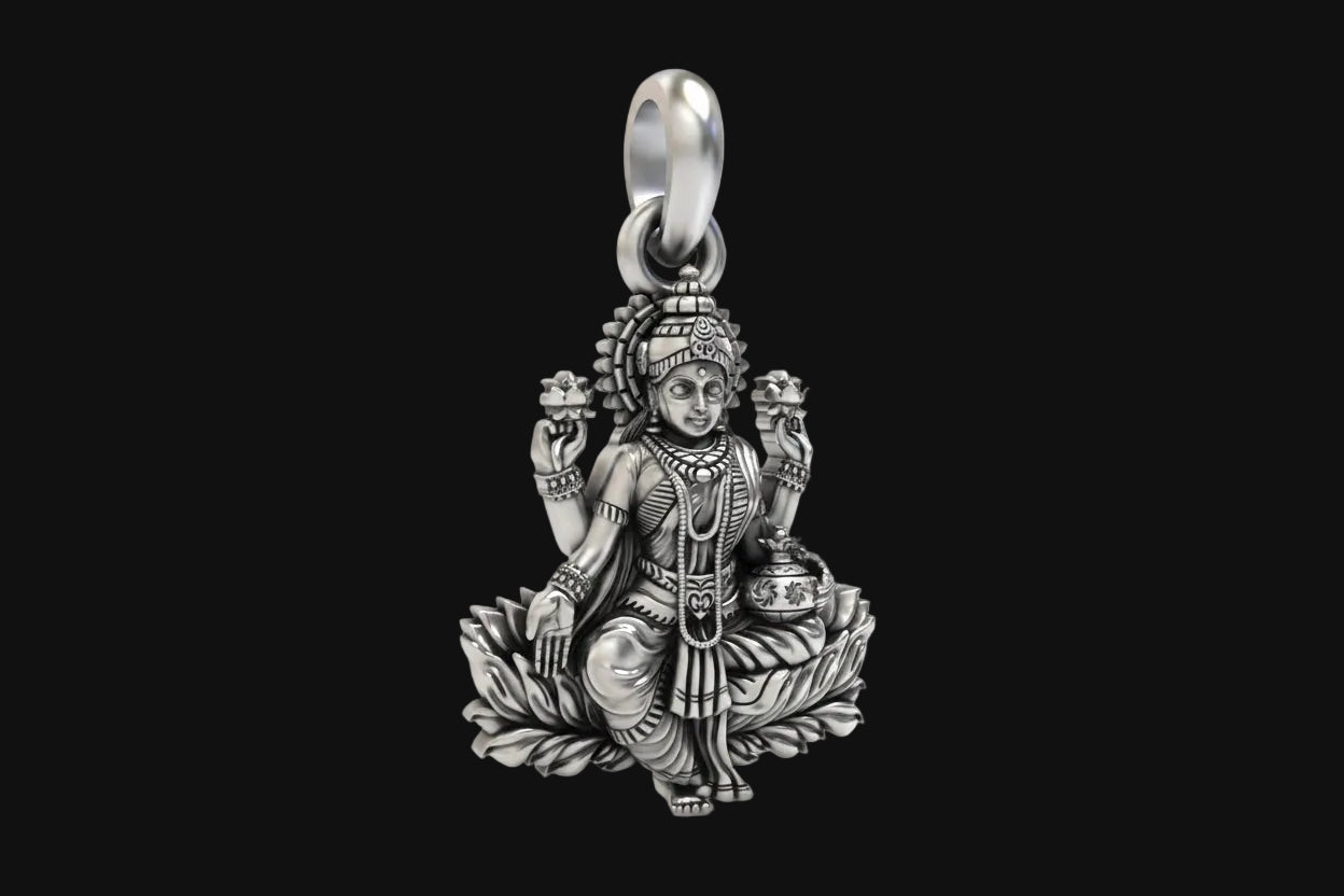 Luminous Lotus: A Silver Pendant of Lakshmi